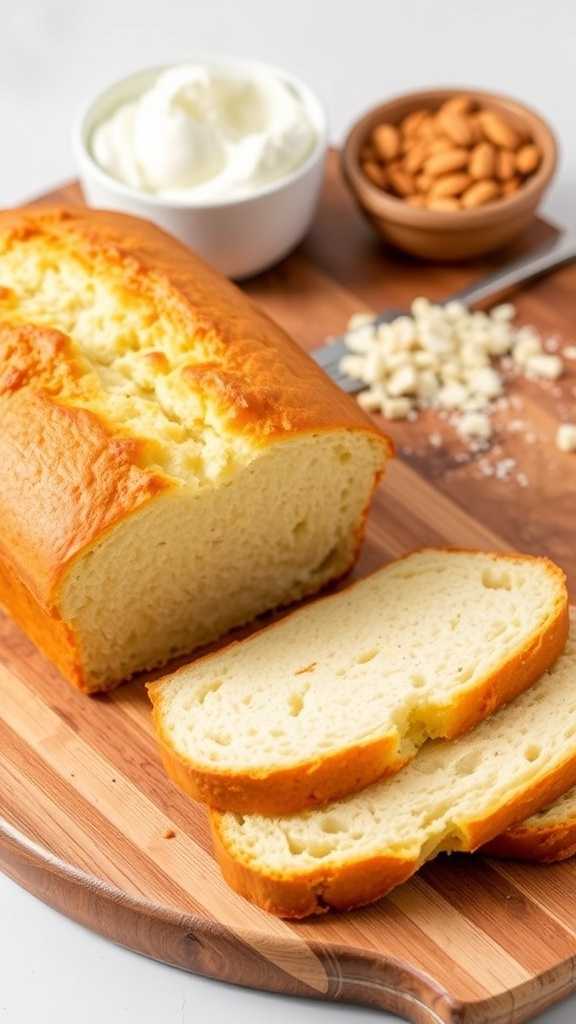 A loaf of low-carb yogurt bread sliced on a cutting board, showcasing its fluffy texture.